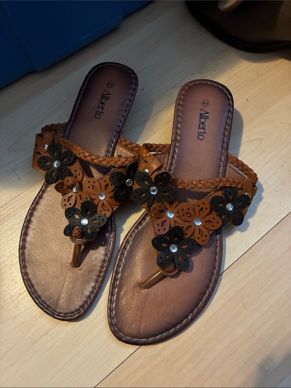 Alberto Tan and Black Floral Braided Thong Sandals